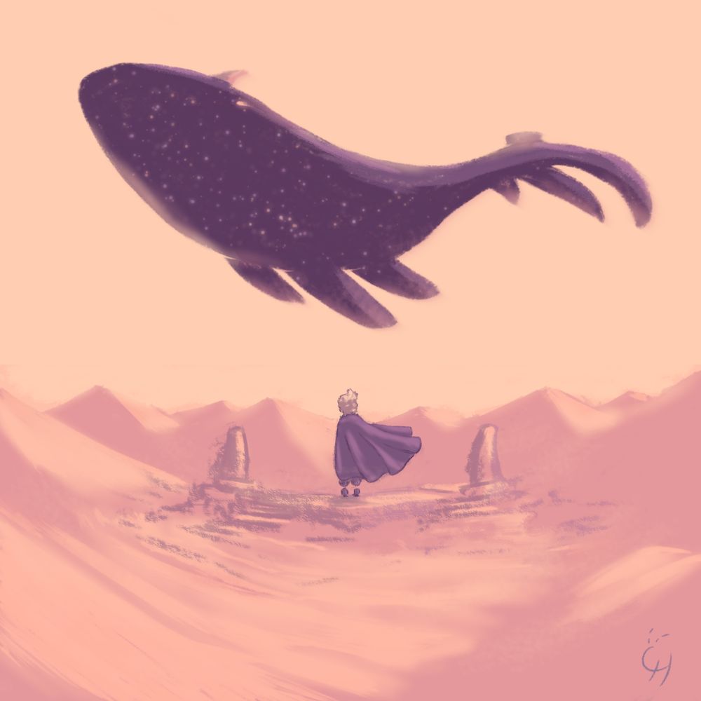 A digital drawing made with a pink-orange and purple palette.
The drawing shows a figure in a sandy desert surrounded by many dunes, standing on old debris buried by the sand, observing in the sky a colossal flying whale that has a horn and a starry body