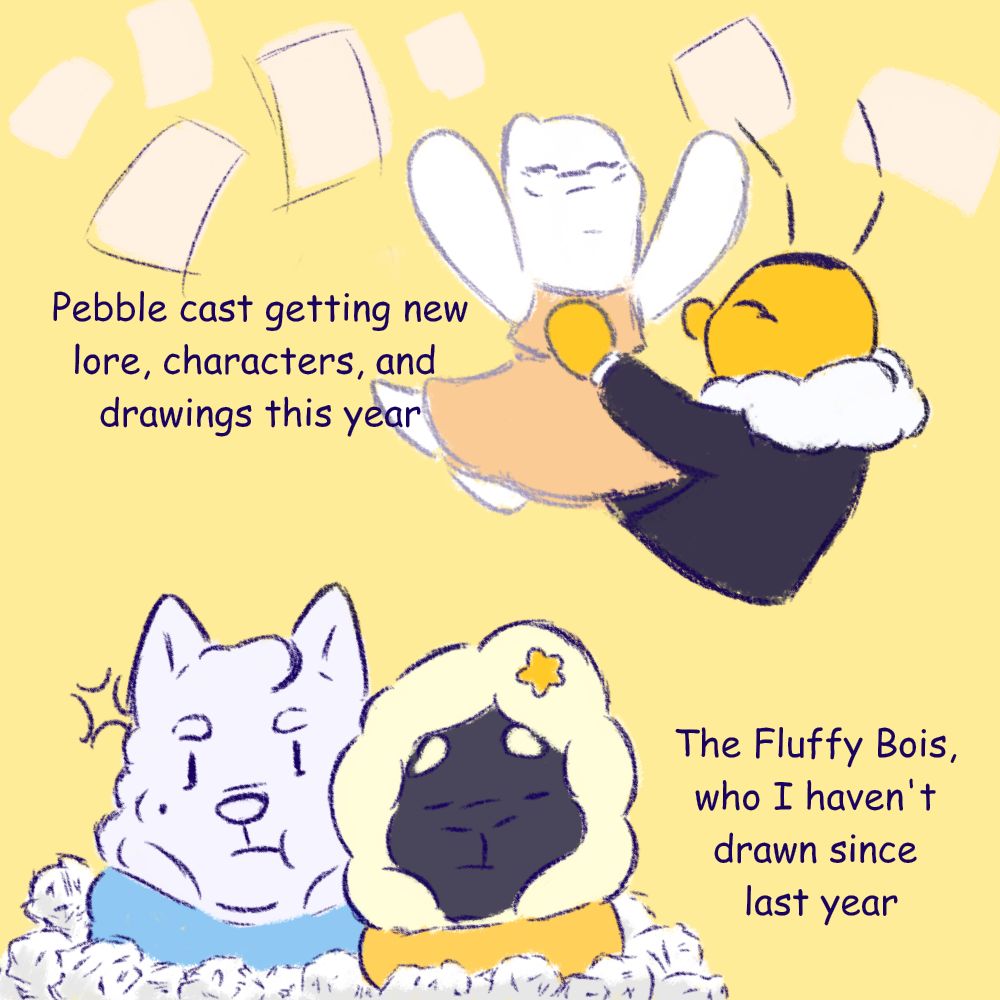 A digital drawing meme fearuting my characters Cornet, Pebble, Sunny and Sky.
The meme shows Cornet and Pebble cheerful with many paper pages around them, along with a text saying: "Pebble cast getting new lore, characters and drawings this year".
Then below are the characters Sunny and Sky with angry and displeased expressions surround by crumpled paper, along with a text saying: "The Fluffy Bois, who I haven't drawn since last year".