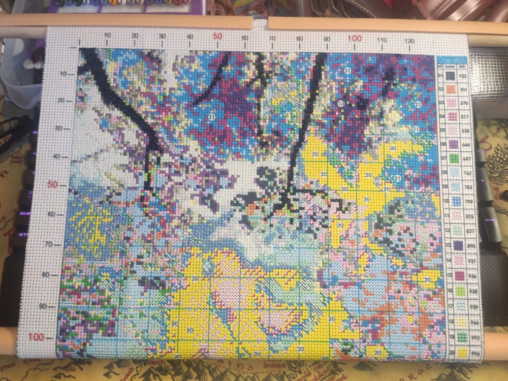 Das Bild zeigt ein Kreuzstich-Projekt, das teilweise fertiggestellt ist. Man sieht deutlich die quadratische Struktur des Stoffes, die für diese Art von Handarbeiten typisch ist. Die einzelnen Fäden sind in verschiedenen Farben gefärbt und bilden ein Muster.

Der Fortschritt der Arbeit ist gut erkennbar. Ein großer Teil des Bildes ist bereits fertiggestellt und zeigt eine Vielzahl von Farben. Es gibt jedoch auch noch viele freie Flächen, die noch bestickt werden müssen.
