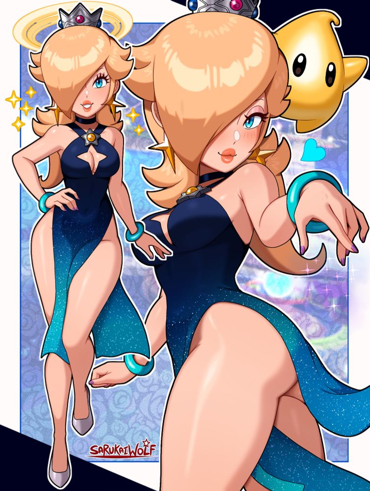 Rosalina in her Starry Night dress, original design by me. A colorful double high slit dress with a dark to light blue gradient. Made the design 4 years ago and decided I wanted to draw her in it again in my current art style!