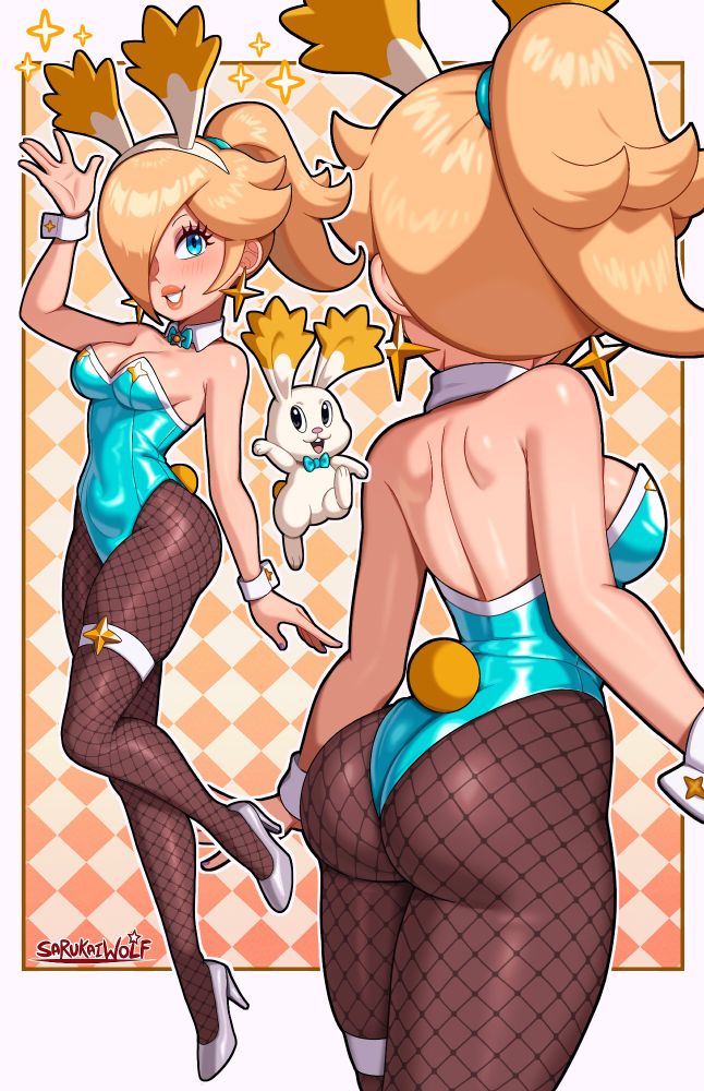 Rosalina is wearing a bunny suit with dark fishnet pantyhose and star bunny ears. The left shows her front side, and the right shows the back side of the outfit. A Star Bunny from Super Mario Galaxy is in the middle with Rosalina on the left side.