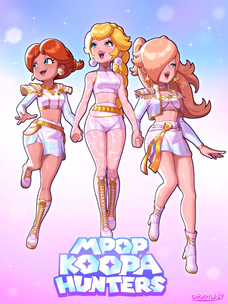 Peach, Daisy, and Rosalina wearing the Golden/What It Sounds Like uniforms from KPop Demon Hunters' K-pop group: HUNTR/X. Peach is wearing Rumi's uniform, Daisy is wearing Zoey's, and Rosalina is wearing Mira's. They are in the What It Sounds Like pose during the end of the song. This is a Mario AU of them hunting evil Koopas instead of Demons. "Mpop" in this universe means Mario Pop.