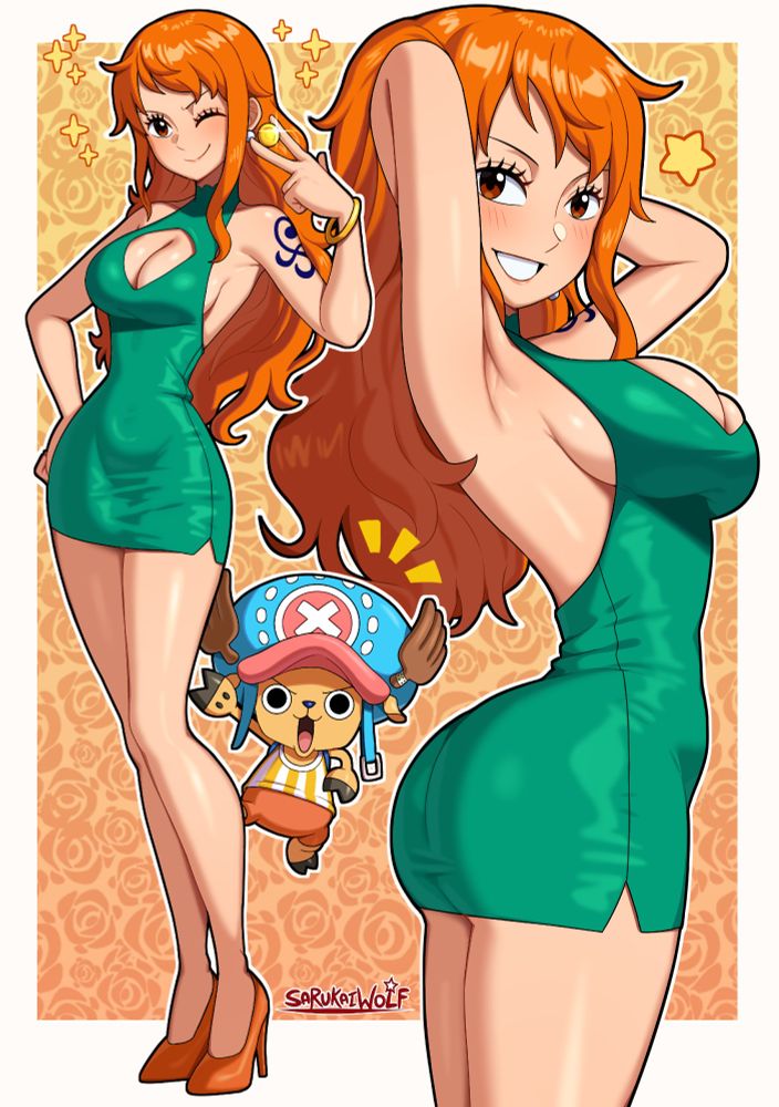 Nami from One Piece (time-skip) wearing a short tight green dress, the same color as her bikini top, and orange high heels. Chopper is also here to fill up some empty space in the middle.