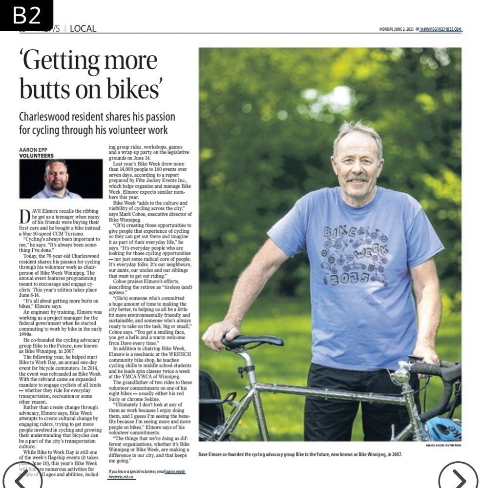A screen shot of the story in the Winnipeg Free Press. Title is "getting more butts on bikes". There is a big image of Dave, smiling, with his bike! 