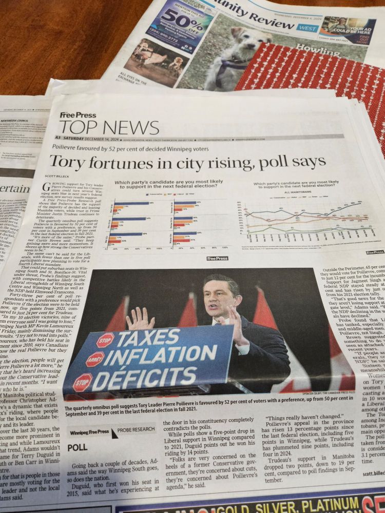 A photo of the Winnipeg Free Press article titled Tory furtunes in city rising, poll says. 