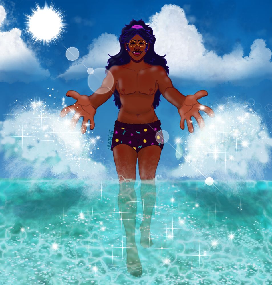 Kheire standing in the ocean, splashing the viewer with sparkly water. He wears dark magenta shorts with 90's arcade floor patterning. His hair is pulled up in a ponytail, and he wears gold framed round glasses. He is smiling brightly, the sun shining behind him. 