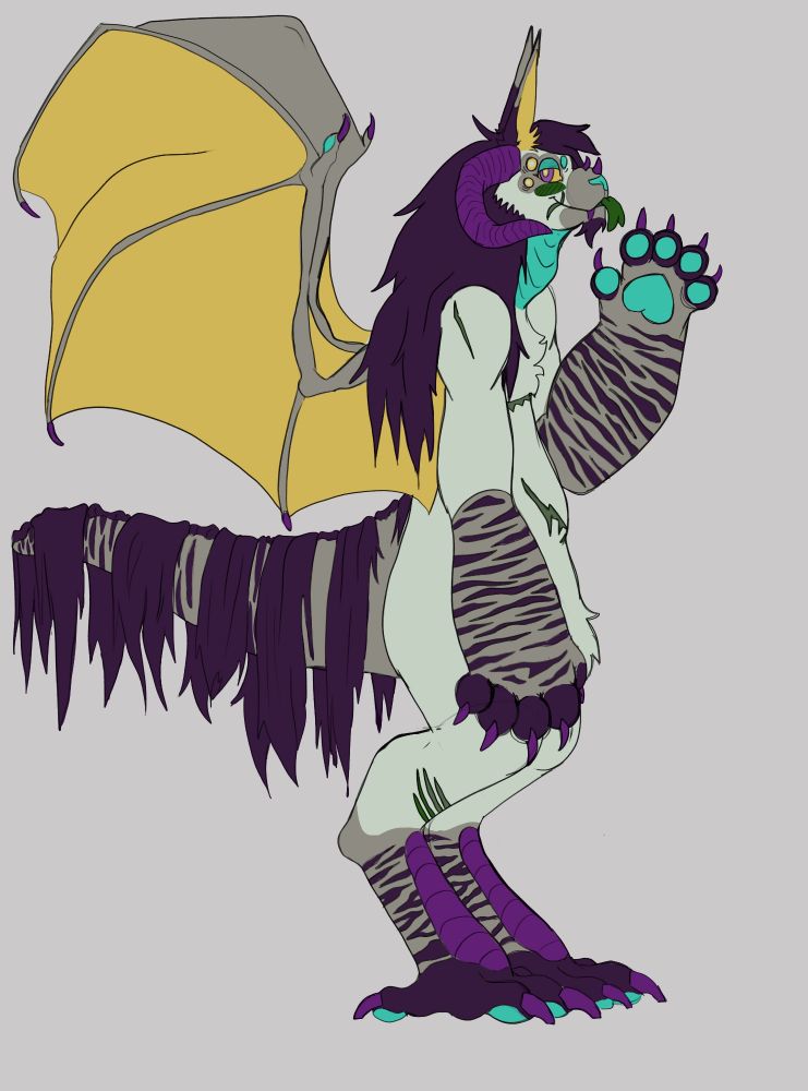 A Juugrem for KippyKippers. This ine features a pale coat with purple and teal accents, yellow ears and wings, and several eyes. 