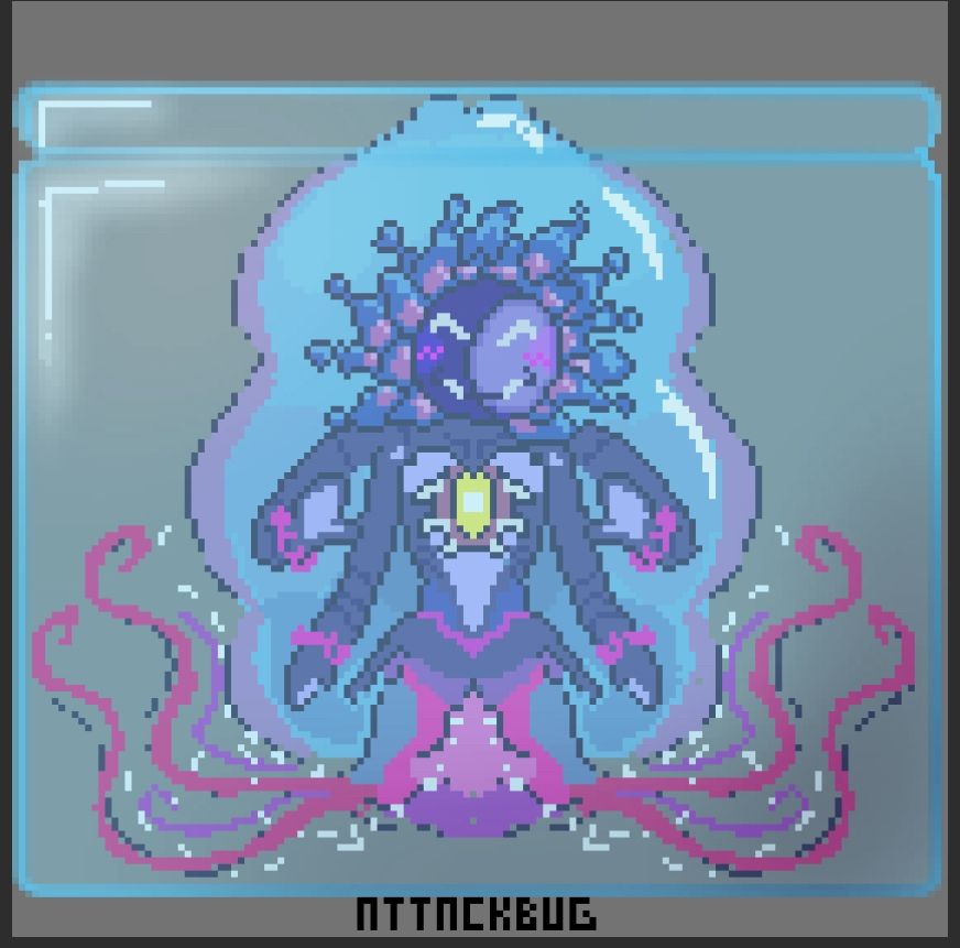 A man-o-war jellyfish mermaid version of moon from fnaf, stuck in a jar. Pixel art. 