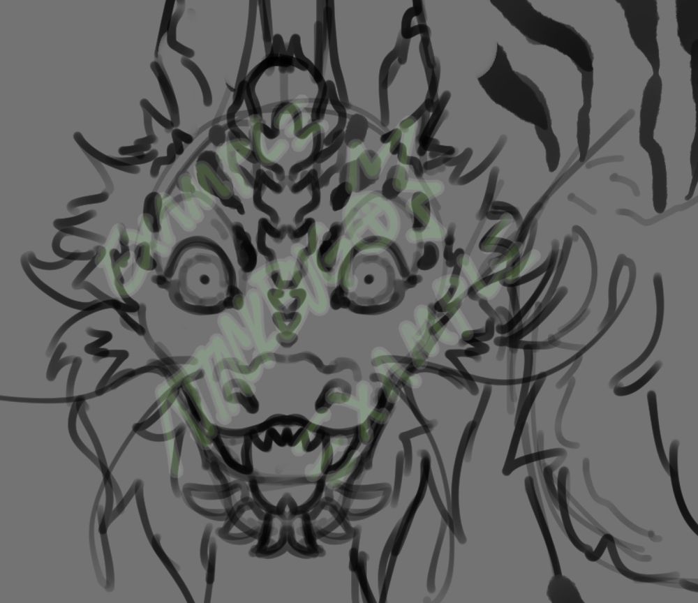 The sketch of a Juugrem's face. You can see wild eyes, an open mouth with fangs, stripes like a tiger, and a crest running from the bridge of the nose up the forehead. 