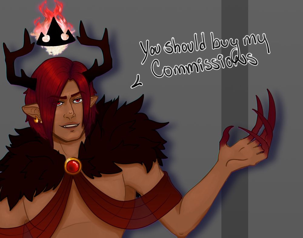 A crop of Mal, an antlered man wearing a fur cape and silken draped fabric over his chest, saying "you should buy my commissions." 
