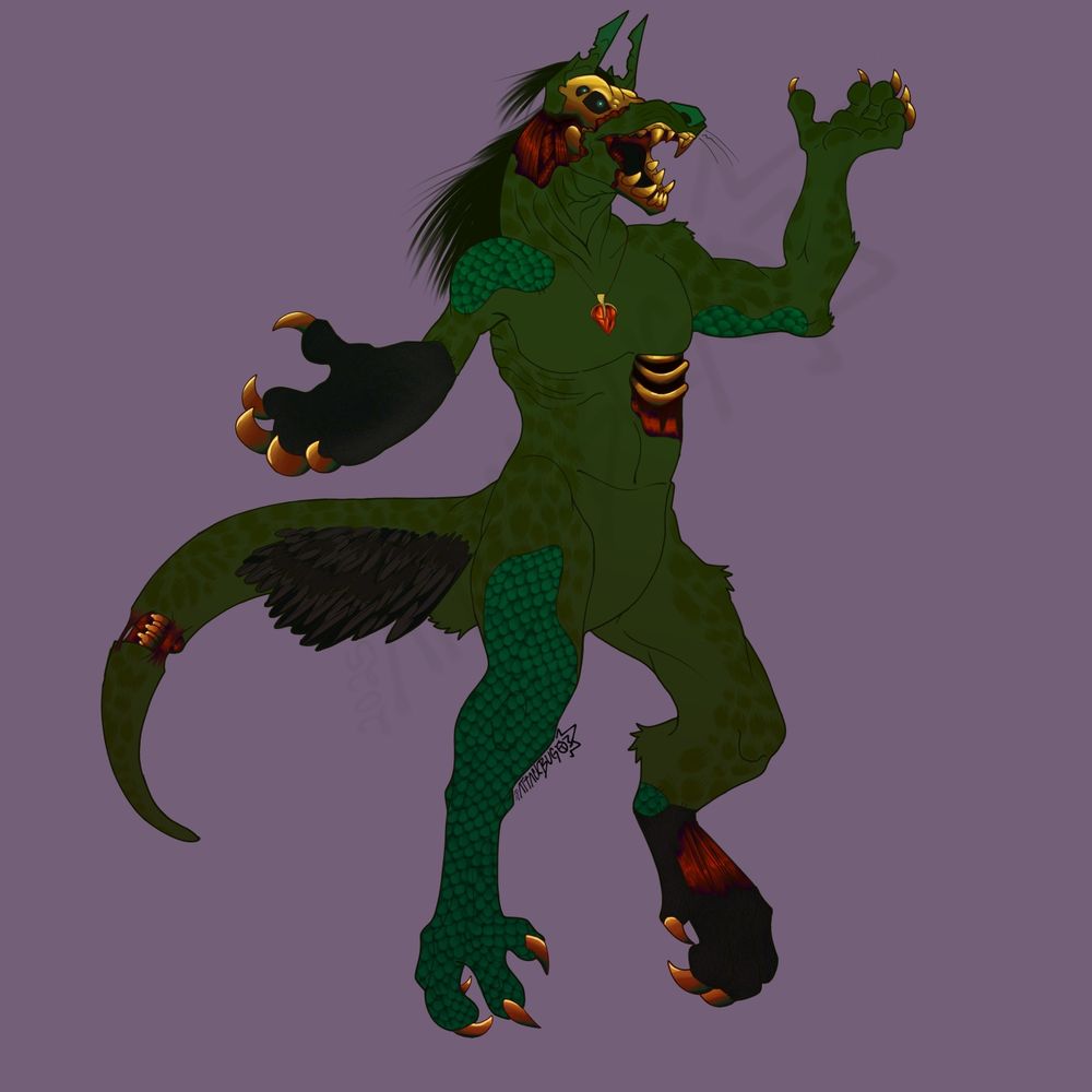 The same juugrem as previous pic, same pose, just minus the glowing flames, and the background is solid muted purple, as the previous had a gradient to dark purple background. 