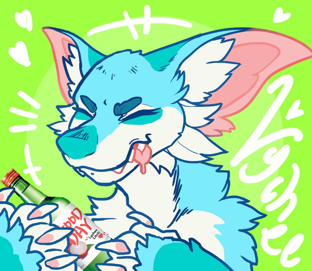 Manokit furry holding a bottle or lychee soju (alcohol) 