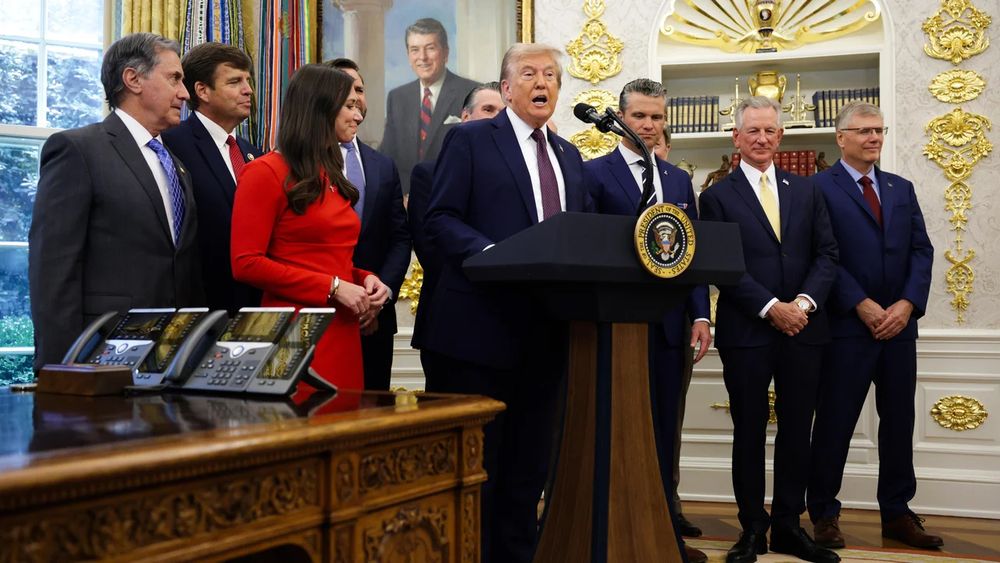 Photo of President Trump in an Oval Office press conference announcing relocation of Space Command from Colorado to Alabama.
