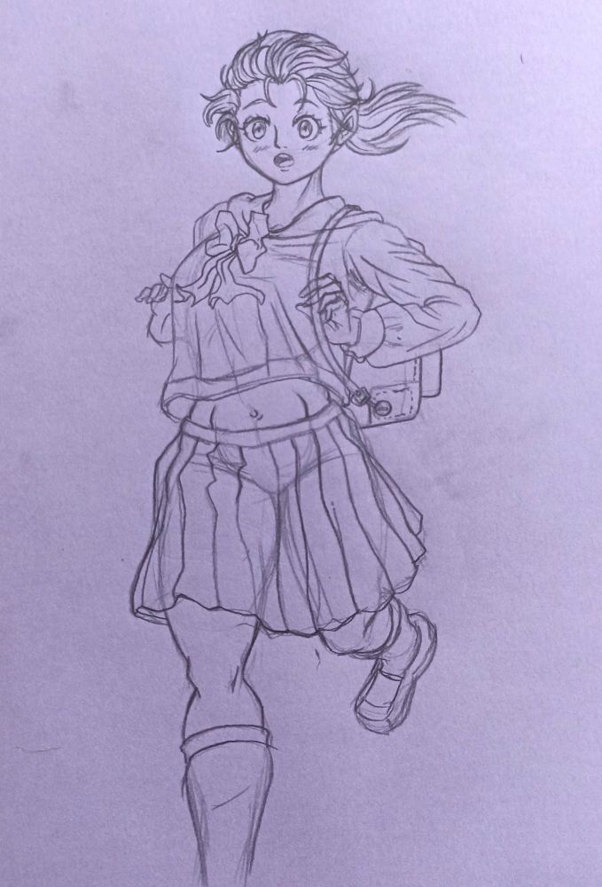 Pencil drawing of Japanese schoolgirl running 