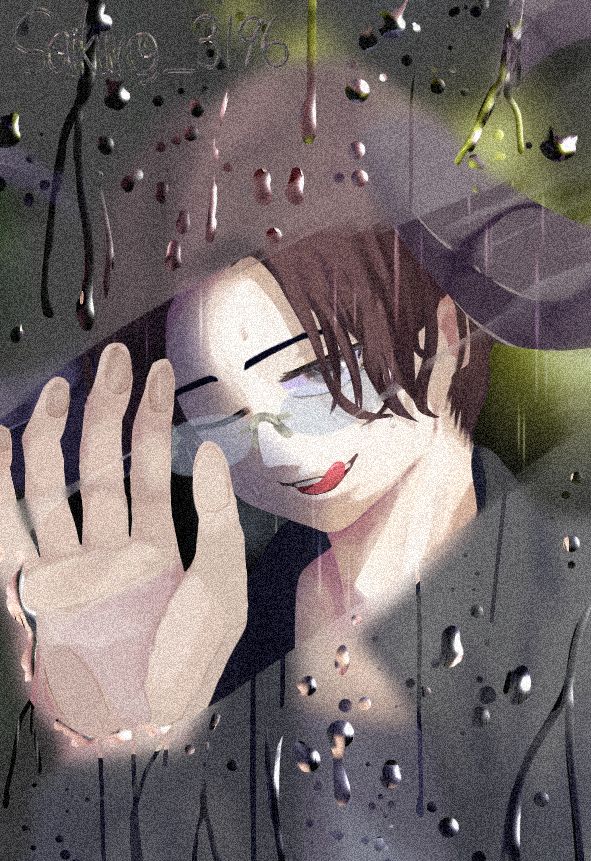 DMM第2弾（バッファロー）姿のKUNさんが雨で結露した窓を拭ってこちらを覗いているイラスト