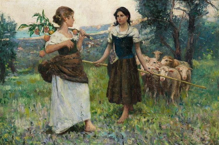 Young shepherd girl and orange picker in hilly terrain - Francesco Paolo Michetti (1875)  🇮🇹 #art