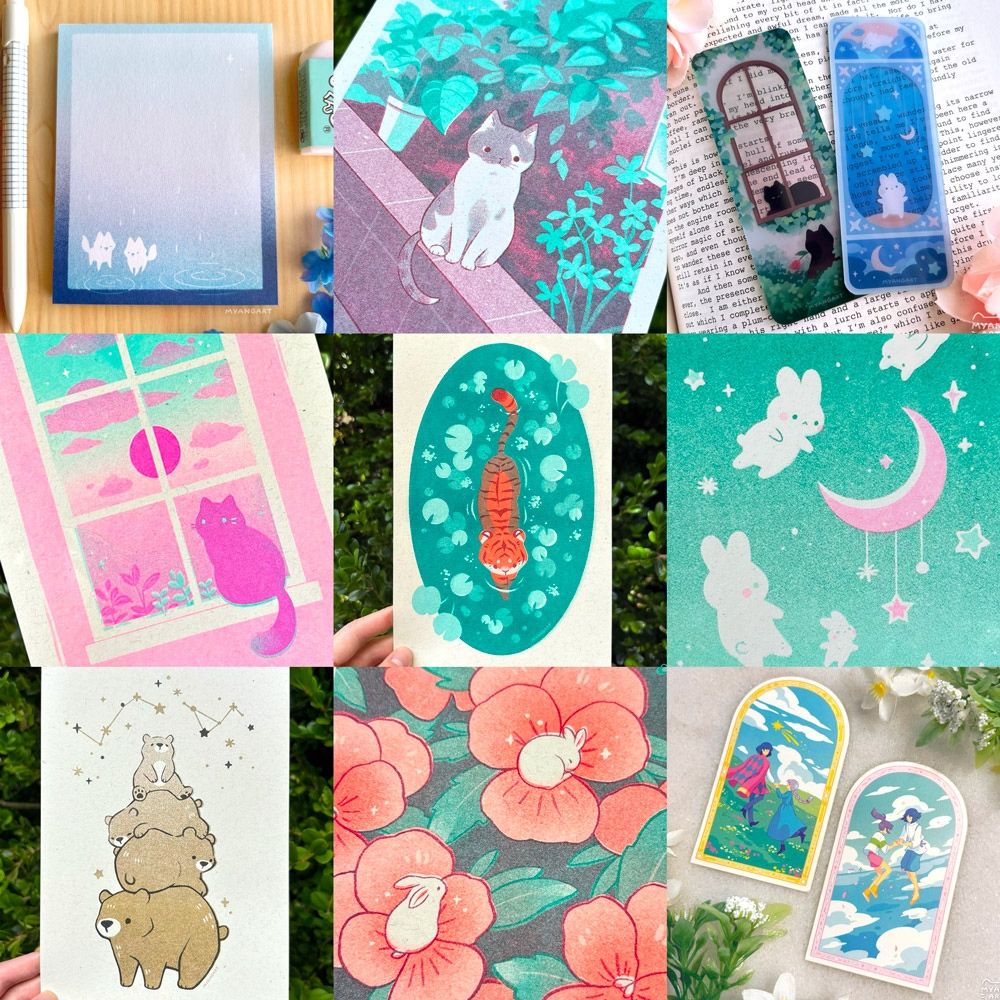A 3x3 collage of products that are featured in my shop update, including riso prints, stickers, bookmarks, and a notepad.