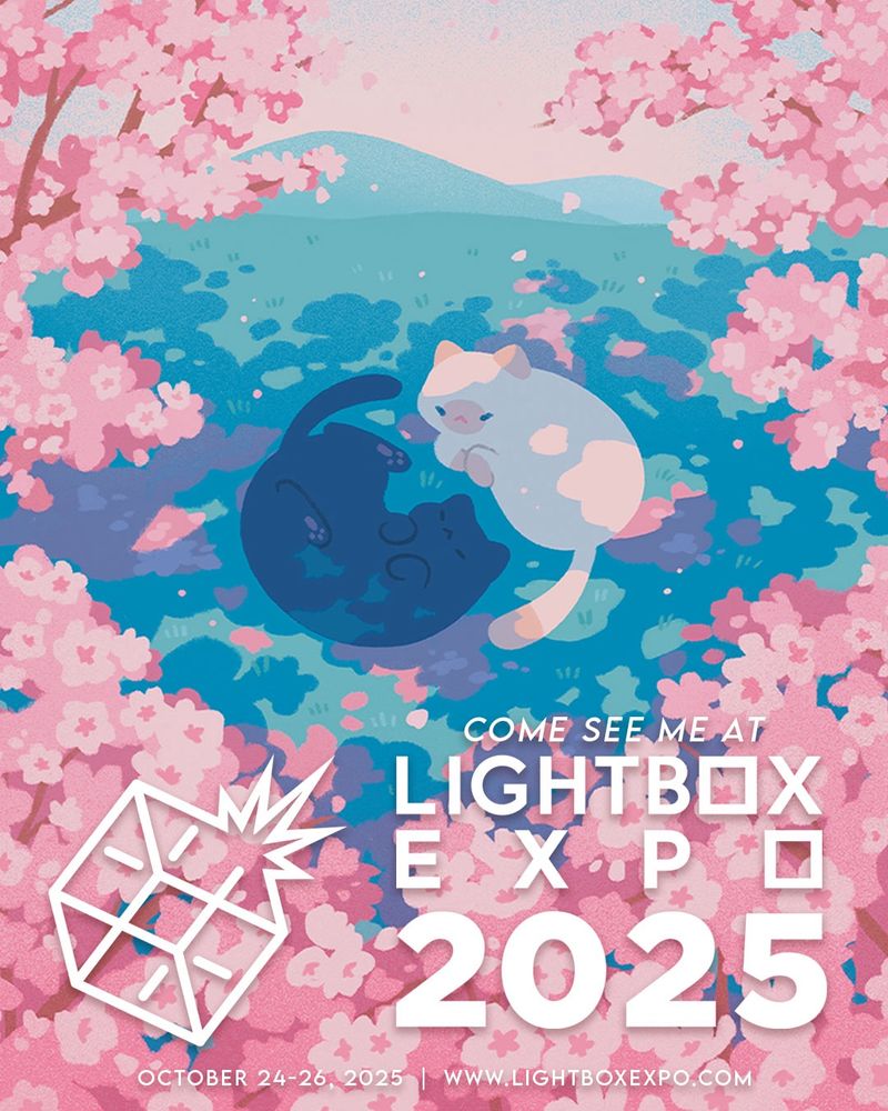 An illustration in a simple shape-based style of two cats in am almost Yin Yang pose, with a black cat on the left and white cat on the right. They are lying on the grass underneath cherry blossom trees. Along the bottom there is a logo for Lightbox Expo on the left, and the text “Come see me at Lightbox Expo 2025” on the right. Underneath, text reads “October 24-25, 2025” and the website “www.lightboxexpo.com”. 