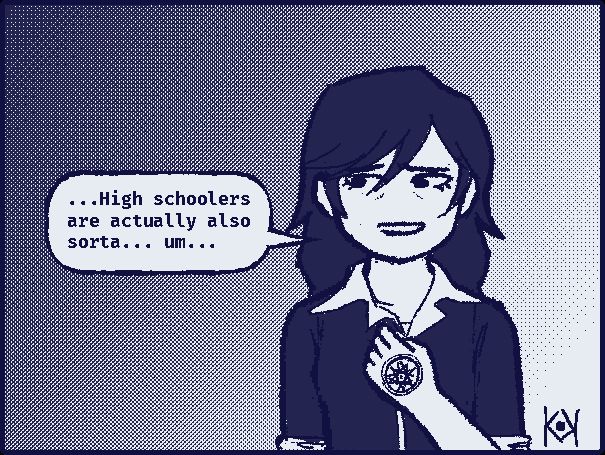 Digital illustration of Yudashi Peril Eclipse character Homura Asano saying "High schoolers are actually also sorta... um..."