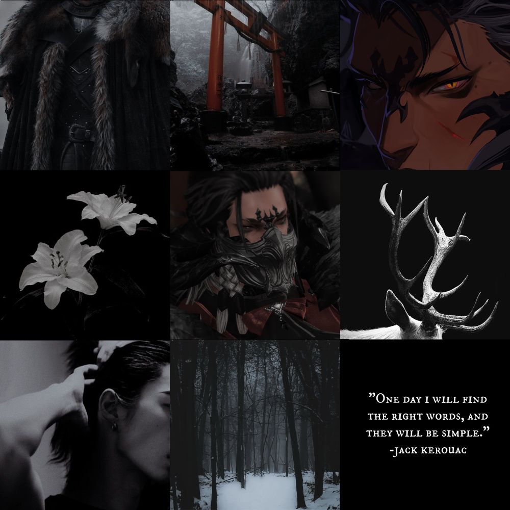 a moodboard of my ffxiv character, khara. art credits in upper right to @/888beru 