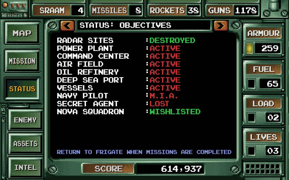NavCom showing status panel in video game Cobra Strike with different elements in retro style.
