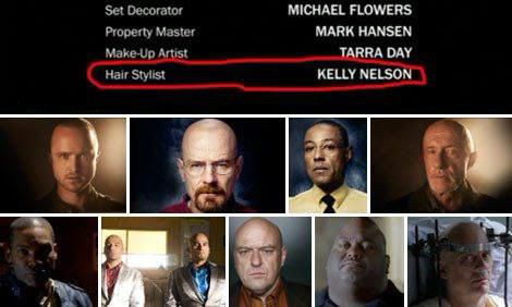 Pictures of breaking bad actors being bald, yet the TV show had a hair stylist called Kelly Nelson