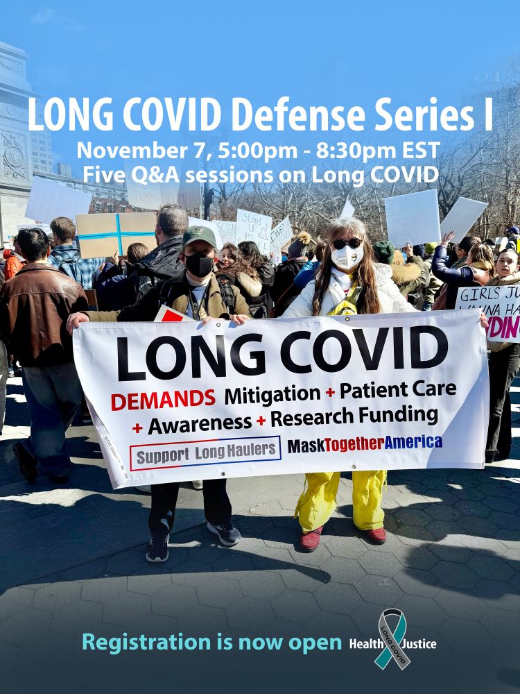 Dr. Angelique Corthals (left) and Julie Lam (right) holding MaskTogetherAmerica’s Long COVID banner representing the Long COVID community in demanding mitigation, patient care, awareness, and research funding, as well as urging the world to support long-haulers.