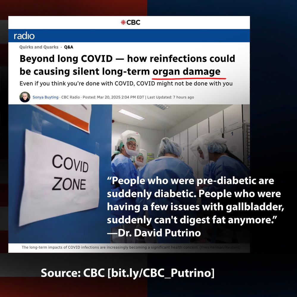 Beyond long COVlD — how reinfections could be causing silent long-term organ damage | CBC Radio Canada  https://bit.ly/CBC_Putrino

Visual: “COVlD zone” printed on the sign of the room where health care workers were all wearing PPE, including gowns and the hood for Powered Air Purifying Respirators (PAPR)

Quote: 
“People who were pre-diabetic are suddenly diabetic. People who were having a few issues with gallbladder, suddenly can't digest fat anymore.” —Dr. David Putrino

Read Annotation 
https://www.instagram.com/p/DHhc8aosVRK/?igsh=MWN5NWtuMG11a2JkZg==