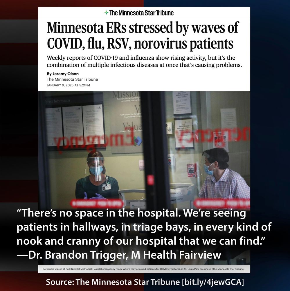 The Minnesota Star Tribune https://bit.ly/4jewGCA
Headline:
Minnesota ERs stressed by waves of COVlD, flu, RSV, norovirus patients
Subhead:
Weekly reports of COVlD-19 and influenza show rising activity, but it’s the combination of multiple infectious diseases at once that’s causing problems.
By Jeremy Olson

Visual: Two Emergency Room medical staff wearing PPE, shields and surgical masks, which are not protective against airborne viruses.
Caption: Screeners waited at Park Nicollet Methodist Hospital emergency room, where they checked patients for COVID symptoms, in St. Louis Park on June 4. (The Minnesota Star Tribune)