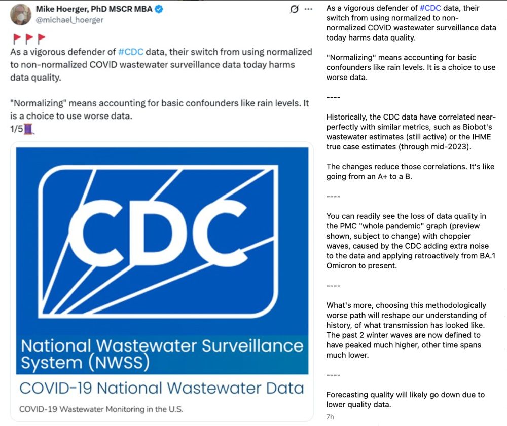 Dr. Hoerger wrote:“🚩🚩🚩 As a vigorous defender of #CDC data, their switch from using normalized to non-normalized COVlD wastewater surveillance data today harms data quality. 