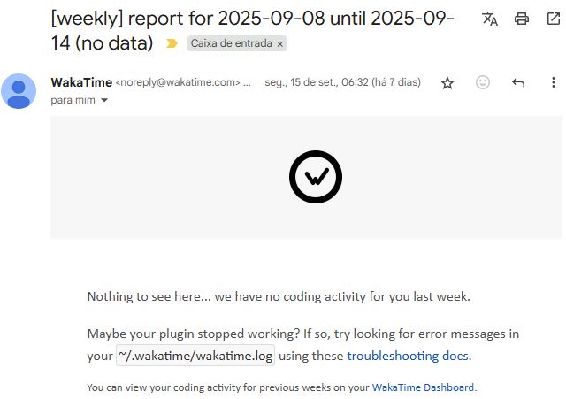en: email from WakaTime saying that between September 9 and September 14 have no coding activity.

pt: email do wakatime falando que entre 9 e 14 de setembro não teve atividade de código