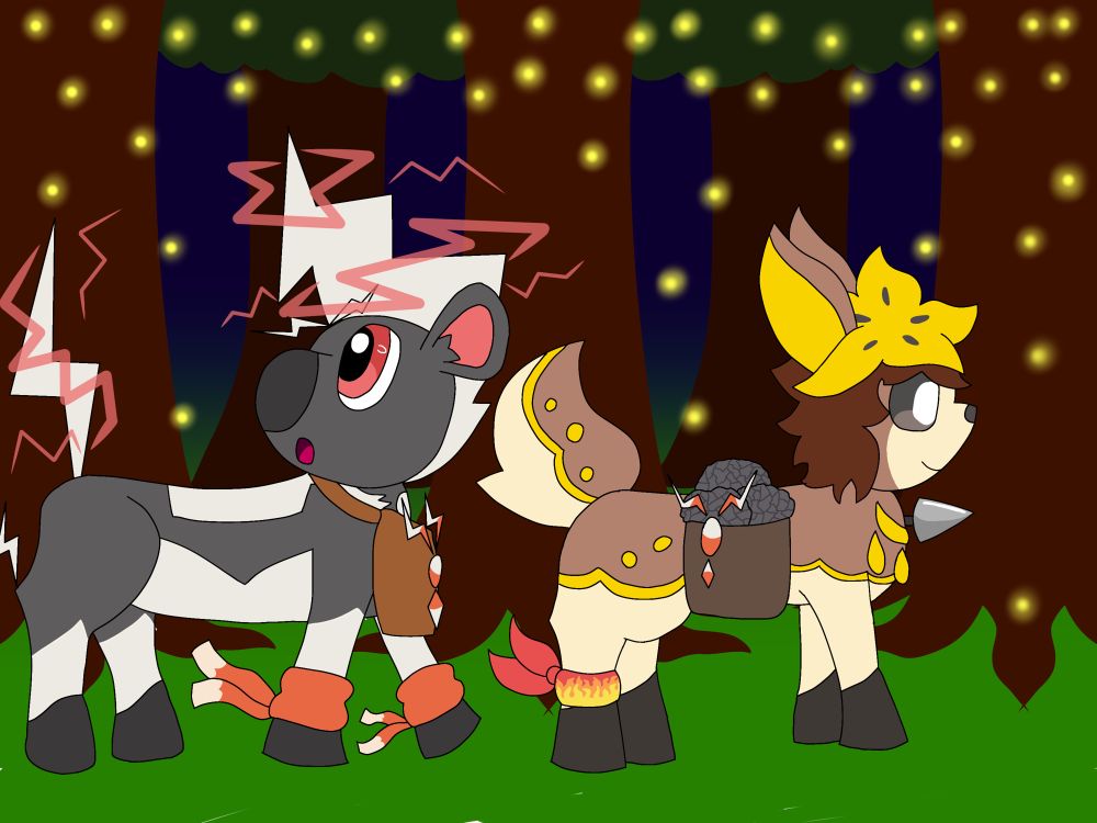 A winter Deerling and a Blitzle out for a night walk in the woods. The Deerling has brown hair, a brown bag of grey mushrooms with a red and white team badge on it, a dagger by their side, a symbol on their chest, and a focus band on their back leg. The Blitzle is following behind the Deerling and looking up at the fireflies. Red lightning is wrapping around their tail and horn. The Blitzle is wearing a brown bag with a red and white team badge on it around their neck and a pair of detect bands on their front legs. Fireflies are scattered above the two. 