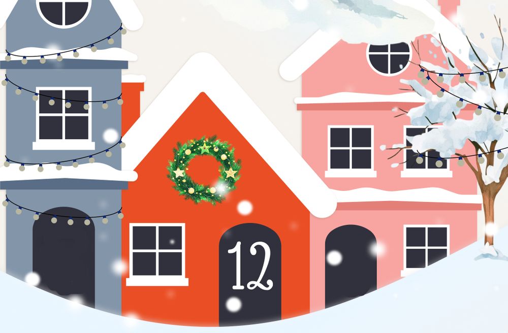 Winter illustration of colorful houses with snow, Christmas decorations, and the number 12 on a door, representing December 12 of an advent calendar