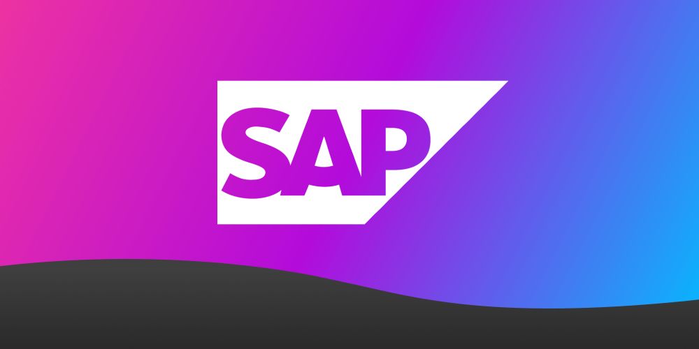 The SAP logo in white and purple against a gradient blue and pink background, representing SAP enterprise software