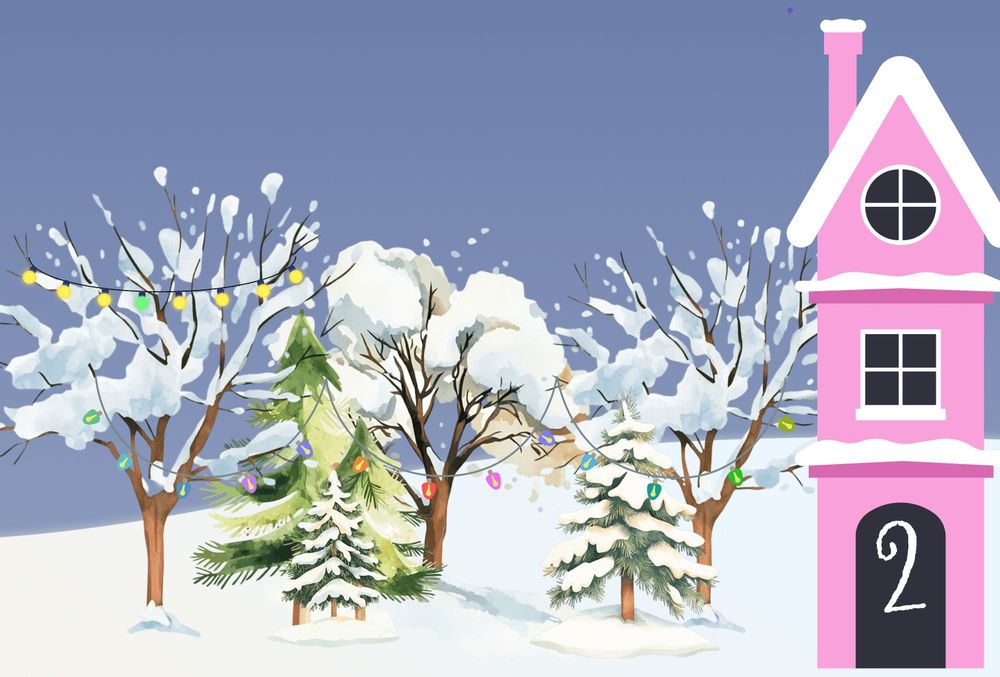 Illustrated winter scene with Christmas lights and a pink house displaying the number 2, representing Day 2 of an advent calendar
