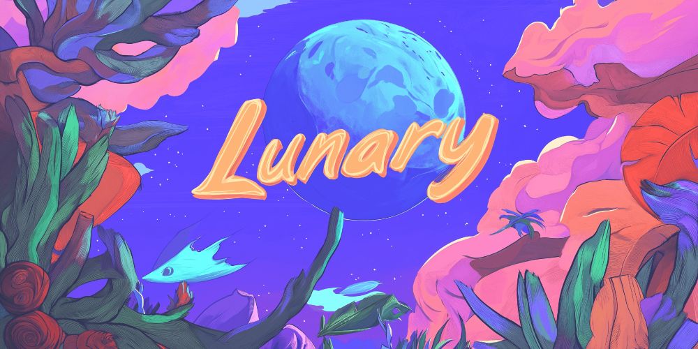 Lunary logo over a colorful fantasy style landscape