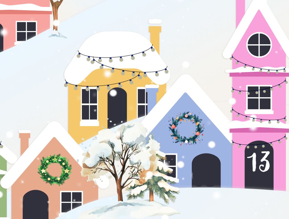 Winter illustration of colorful houses with snow, Christmas lights, and the number 13 on a door, representing December 13 of an advent calendar.
