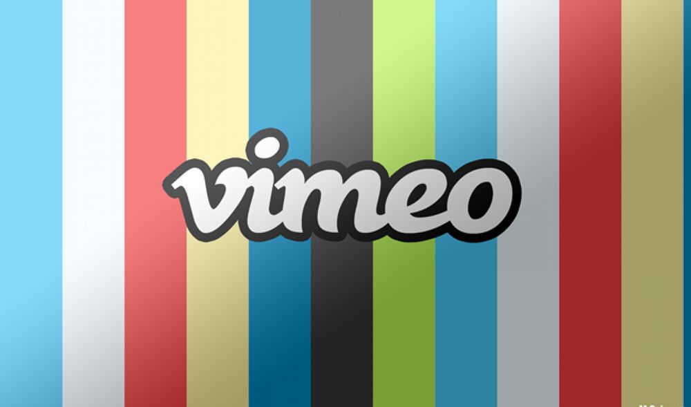Vimeo logo on a multicolored vertical striped background, representing a professional video hosting platform.