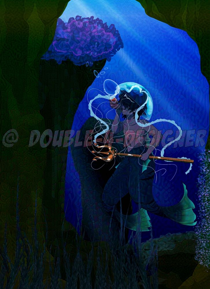 A merman with 2 tails. He is holding a trident in one hand and a conche shell in the other. He is blowing into the conche. He has wavy black hair with a jellyfish as a hat. The background is a cave opening into the vast ocean, with a few rocks around. In front of the cave is a field of seaweed. There is a coral like form on top of one of the rocks. 