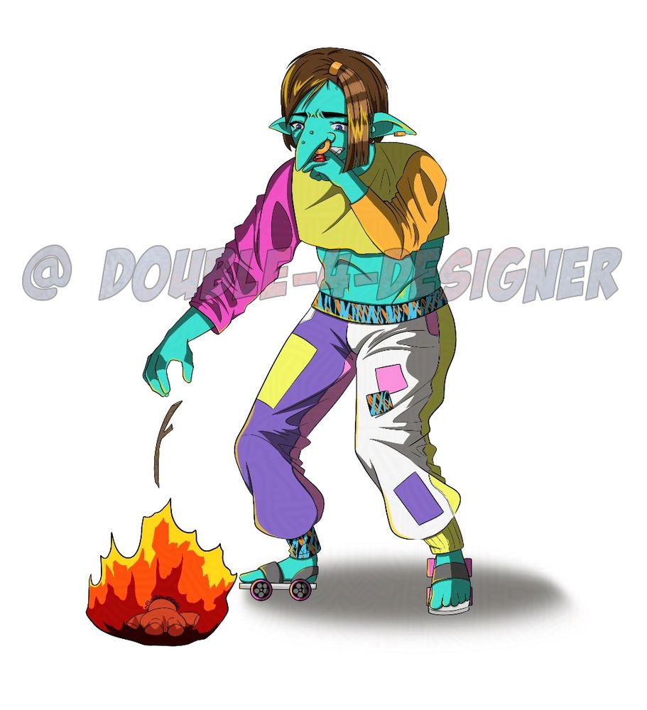 A teal skinned goblin creature, in 90's neon cloths. They are in a pair of rollerblades standing over a fire while they throw a stick into it. 