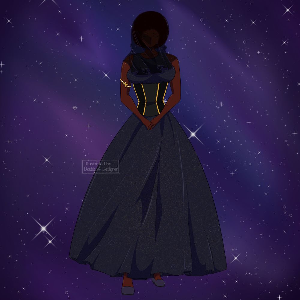 A Illustration of a female with an afro. Her face is cover with a slight see through dark fabric. She is wearing a long sleeveless navy blue dress that goes down to her feet with a black and gold corset. She has a gold armband with a star on her right arm. She is wearing slip on shoes. The background is a galaxy like sky.