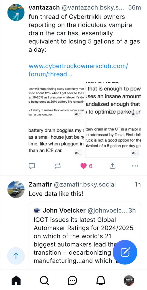 Back-to-back bluesky posts, first on Cybertruck energy drain while parked and then on ICCT Automaker Ratings. 