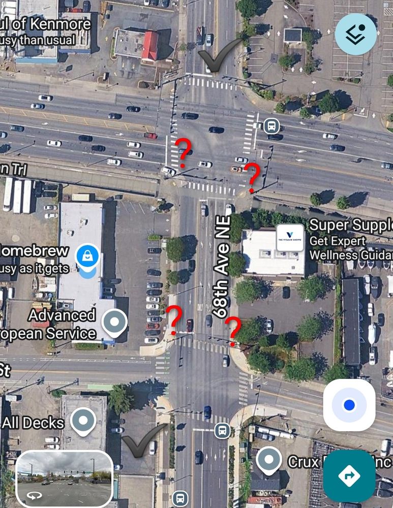 Map showing good bike infrastructure south of 175th St and north of 522 but nothing in between on 68th Ave NE. 