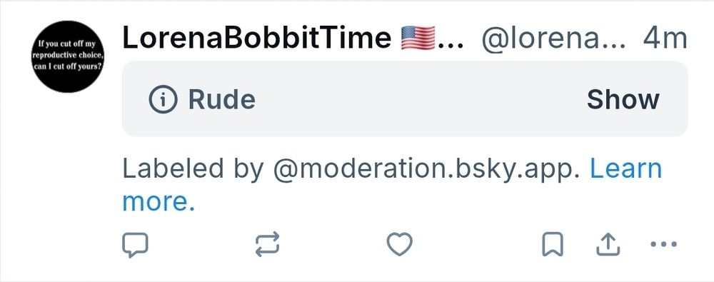 Screenshot of Bluesky moderation hiding the post, describing it as "Rude"