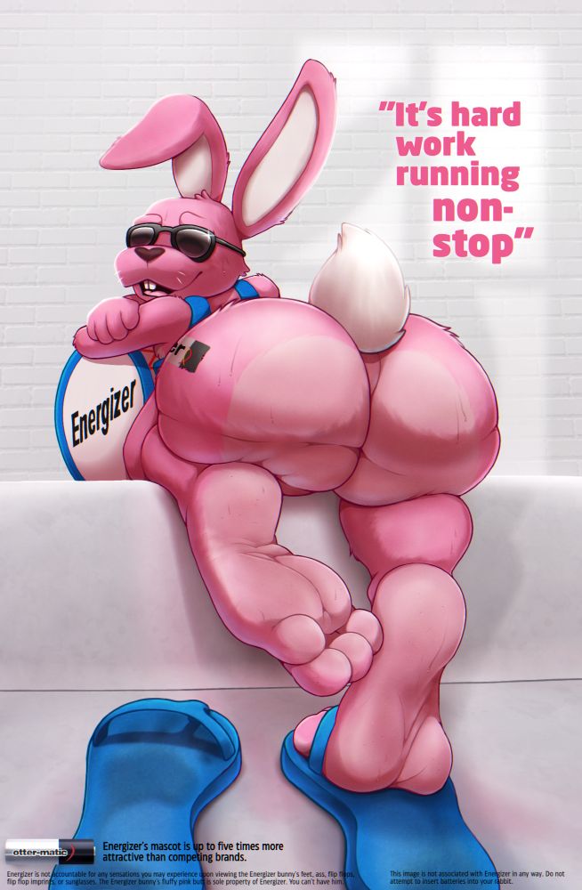 A digital drawing of the Energizer bunny, a pink rabbit mascot, sitting with his feet and butt towards the viewer. He has kicked off one of his flip flops, and is looking over his shoulder in a teasing way.

The image is styled like an advertisement, with text reading "It's hard work running non-stop." On the bunny's flip flops are imprints where his paws have been. He is lightly sweating from head to toe.