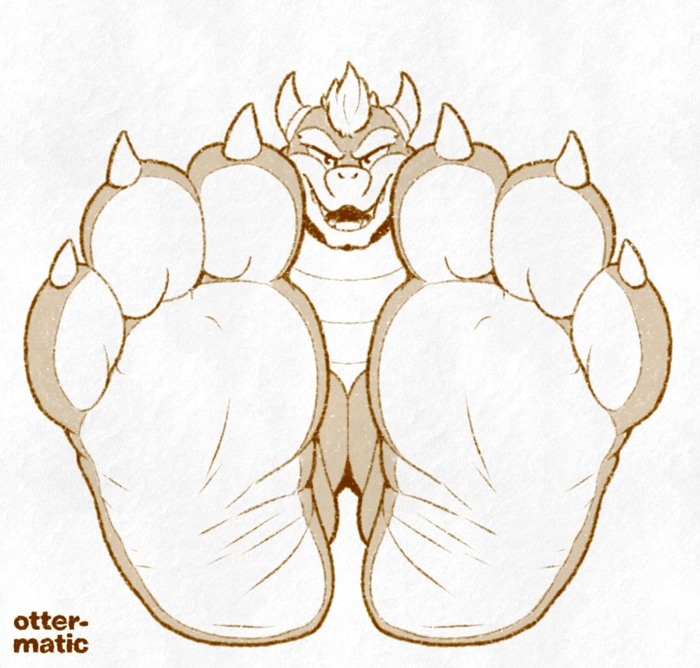 Digital sketch of Bowser with his large, meaty feet posed directly towards the viewer