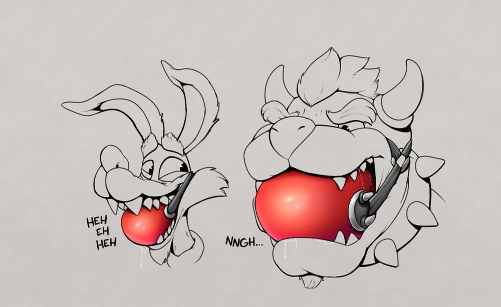 Digital sketch of Bowser and Ripper Roo, both with large ballgags filling their maws.

Bowser appears frustrated and embarrassed, while Ripper grins at him with muffled laughs of amusement.