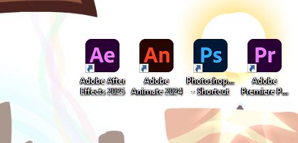 a screenshot of Adobe after effects, animate, photoshop, and premire pro but with icons utilising the newer designs except they have the colors from their older designs.