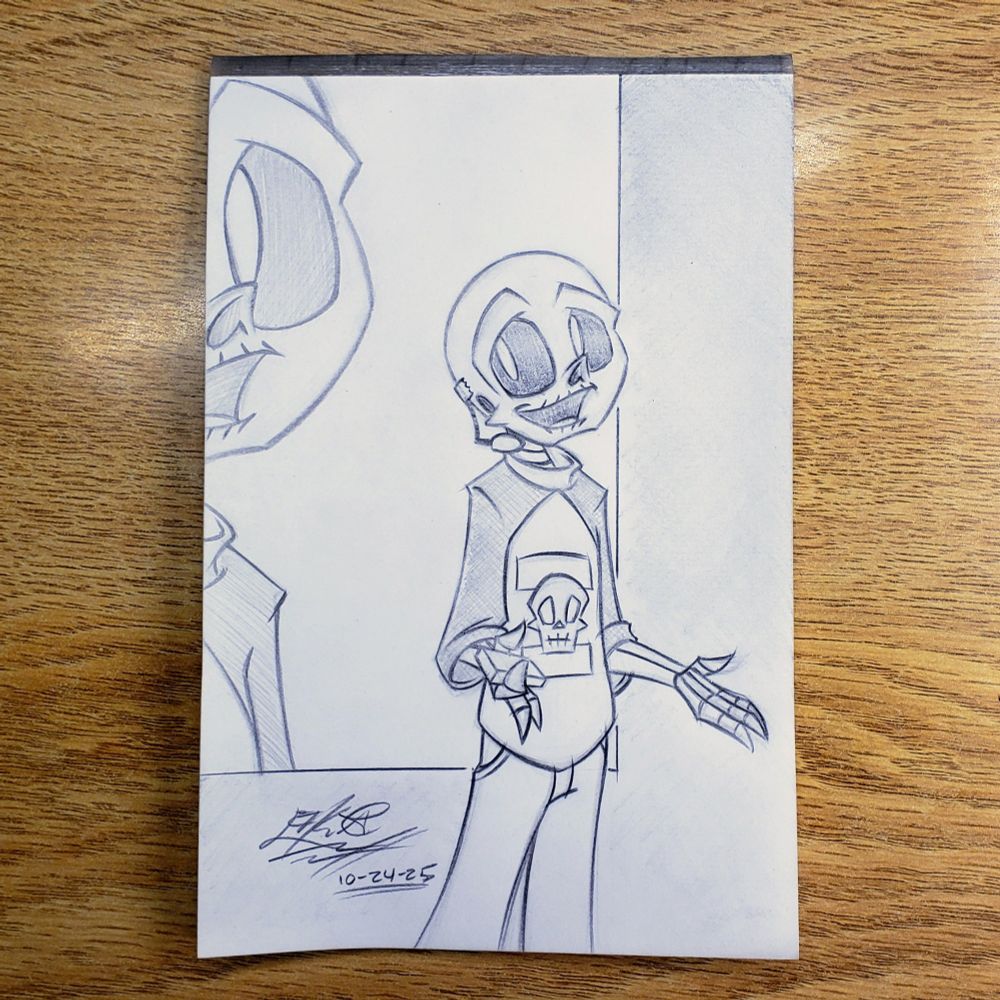 Photo of a traditional pencil pic. A Skeleton sporting a baseball-styled shirt with a skull on it and jeans talks to an unseen audience. With clicker in hand and a mic taped to his head, Sam gives a talk about how he became a living skeleton and grew his extreme weight-loss business. Behind him is a larger screen with a bust shot of him speaking for the folks in the cheap seats. 