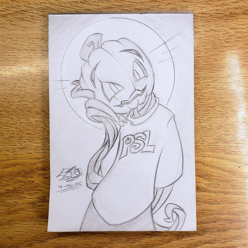 Photo of a traditional pencil pic. Pumpkim, a Jack-o-lantern headed plant girl, is poseing in her favorite t-shirt. She has her head resting on her hand-like vines. The shirt has "P S L" written on it in stylized letters with a tiny pumpkin  in the letter P. There's a halo of light around her head as she us literally beaming with cuteness. 